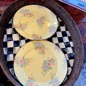 Mackenzie Childs TWO 12” Enamel plates Beautiful vintage pale yellow